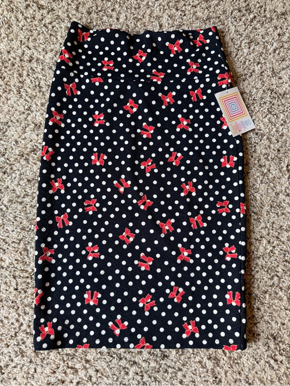 LuLaRoe Cassie- Black Polka Dot Pencil Skirt with Red Bow Detail